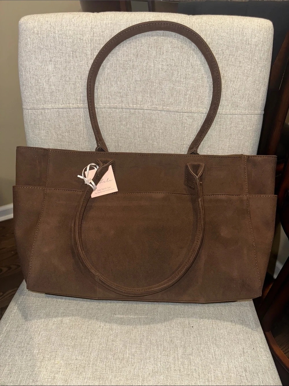 Mali+Lili Brown Faux Suede Tote Bag with Double Top Handles And Pockets. NWT